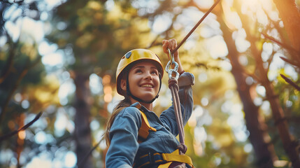 Happy women girl female gliding climbing in extreme road trolley zipline in forest on carabiner safety link on tree to tree top rope adventure park. Family weekend children kids activities concept