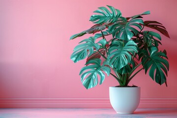 Obraz premium Decorative Monstera plant in white ceramic pot on pink background