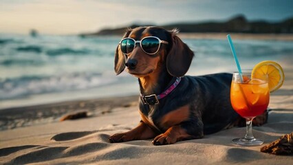 Dachshund dog in sunglasses with cocktail on beach by sea
