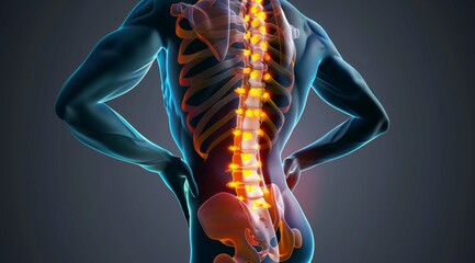 3D render of a transparent human body with a glowing spine highlights back pain