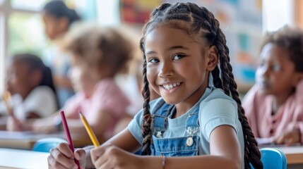 The smiling schoolgirl in class