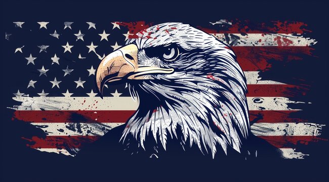 A bald eagle head with an American flag background,vintage.