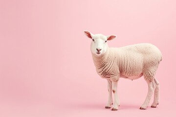 Fototapeta premium White Sheep on Pink Background - Cute Farm Animal