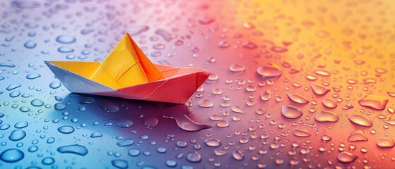 Origami boat floating on a colorful surface with water droplets. AI.