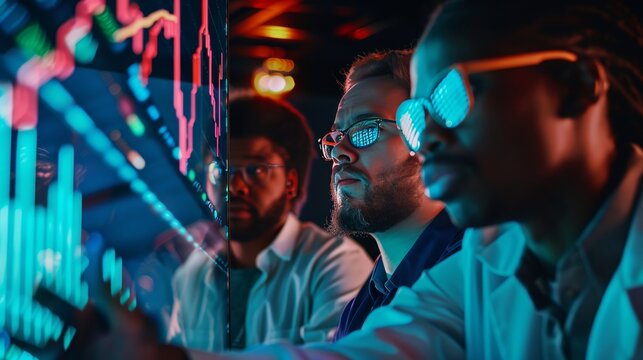 Diverse financial traders analyzing market trends with holographic stock chart display