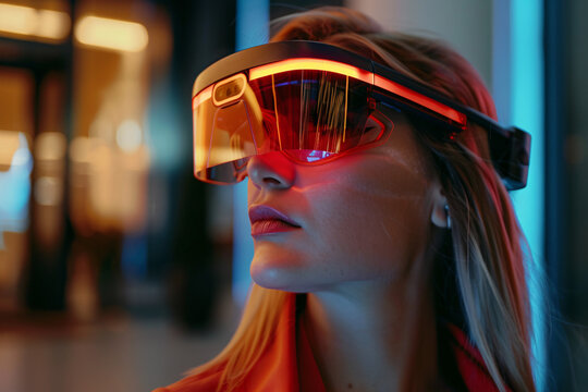 Young woman using augmented reality glasses immersive