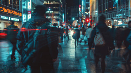 Obraz premium Nighttime Rush in the City. People Moving Through Busy Streets