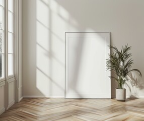 Bright home interior with large windows, hardwood floors, and a potted plant. AI.