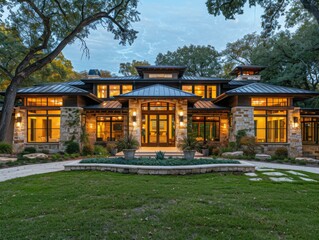 Fototapeta premium Luxurious modern house with a beautiful landscape. AI.