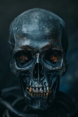 A closeup of a human skull with a dark background. AI.
