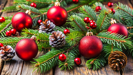 Christmas tree branches adorned with red and gold baubles, glittering lights in the background, festive holiday atmosphere.