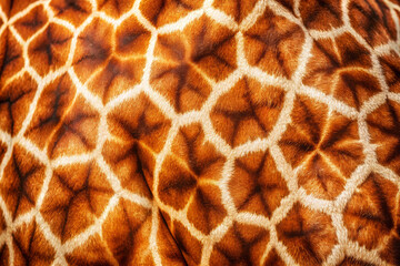Close-up of giraffe fur with orange and white geometric patterns, highlighting natural design.