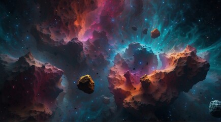 Obraz premium An abstract painting of a colorful nebula with asteroids. AI.