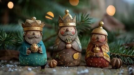 Wooden doll figures of three wise men with gifts for Jesus, traditional Epiphany scene, detailed and artistic depiction