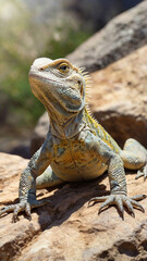 Fototapeta premium Watercolor painting: A nimble lizard basking on a sun-drenched rock, its scaly skin and agile movements perfectly adapted for life in the wild,