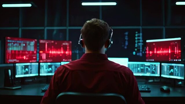 A man wearing headphones sits in front of a bank of computer monitors displaying red graphs and readouts.