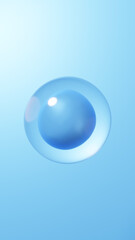 青い背景に浮かぶ透明の液体の中の青い球体。3D（縦長）