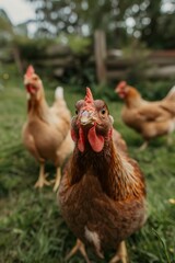Chickens in Farmyard - Close-up of curious brown chickens in a farmyard, looking directly at the camera. Perfect for themes of agriculture, rural life, and poultry farming.