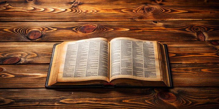 Open Holy Bible on a vibrant yellow wooden surface with visible wood grain texture, highlighting the sacred text and providing space for copy or message.