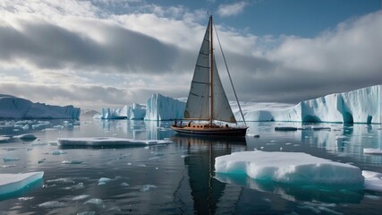 Sailing through icebergs in Greenland. AI.