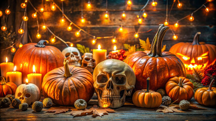 Fototapeta premium Spooky Halloween scene with pumpkins, skulls, candles, and orange lights, creating an eerie and festive atmosphere.