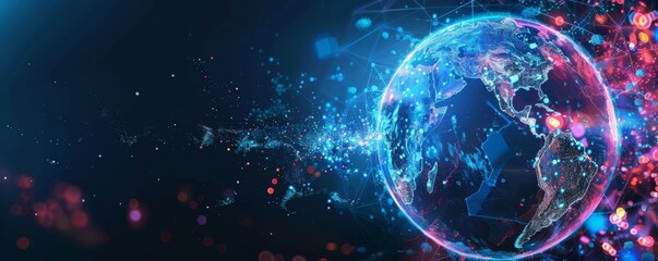 Obraz premium Abstract globe surrounded by digital transformation elements, representing technology and connectivity in a digital world
