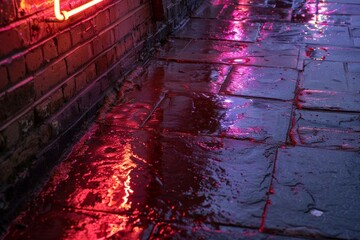 A close-up photo of a neon light reflecting on wet pavement. The light creates a vibrant red and pink glow on the sidewalk