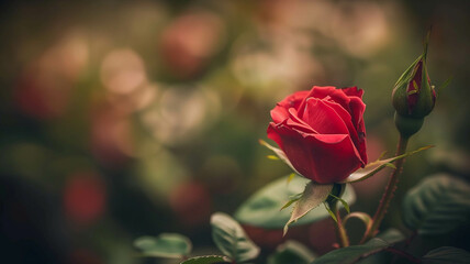 dreamy close-up of a red rosebud unfurling its delicate petals against a blurred background of lush foliage