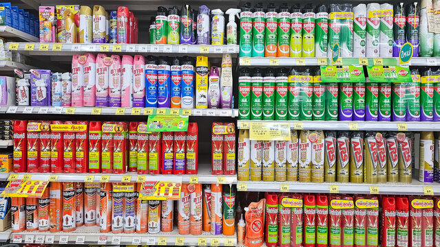 A variety of insect control options multi insect killer odorless aeresol spray. Insect repellent, Mosquito repellent spray, Fly spray, Roach trap products on supermarket shelf. Thailand, June 18, 2024