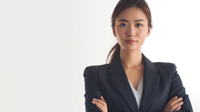Confident woman in black blazer posing against white background.