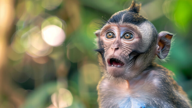 A tiny monkey caught in a moment of surprise, its expression captured in detail
