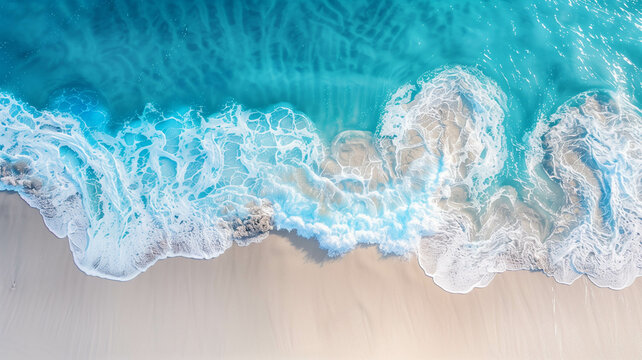 blue ocean waves washing up on a sun-kissed beach, captured from a ariel view