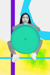 Sketch image composite trend collage of young lady ill anxiety apathy therapy treatment sit hold in hand huge clock time deadline burn