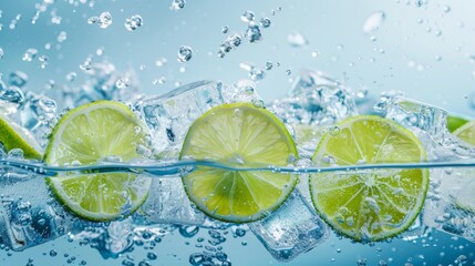 Lime slices and ice cubes in water with droplets and bubbles on light blue background