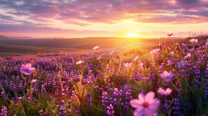 Beautiful panoramic natural landscape with a beautiful bright textured sunset over a field of purple wild grass and flowers.