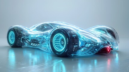 Transparent Neon Glass Futuristic Car Hovering Above Light Gray Background in Style