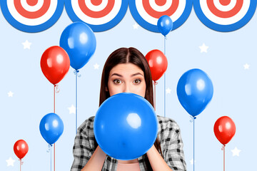 Composite collage image of female blow air balloons party national independence america day fourth...