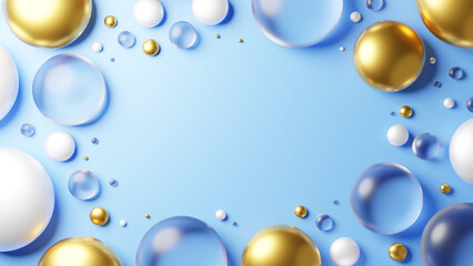 水色背景に透明と金と白の丸いガラス。俯瞰。コピースペース。3D（横長）