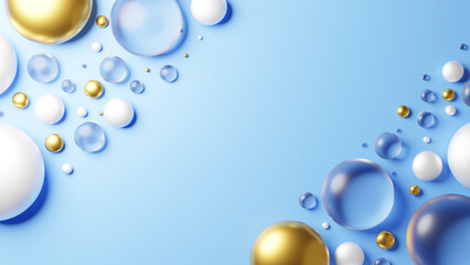 水色背景に透明と金と白の丸いガラス。俯瞰。コピースペース。3D（横長）