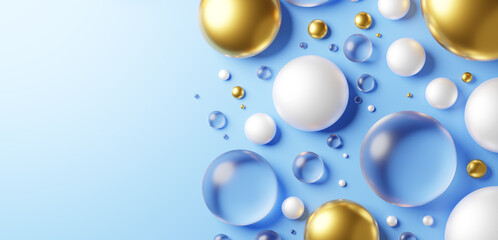 水色背景に透明と金と白の丸いガラス。俯瞰。コピースペース。3D（横長）