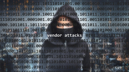 Cyber attack vendor attacks text in foreground screen, anonymous hacker hidden with hoodie in the blurred background. Vulnerability text in binary system code on editor program.