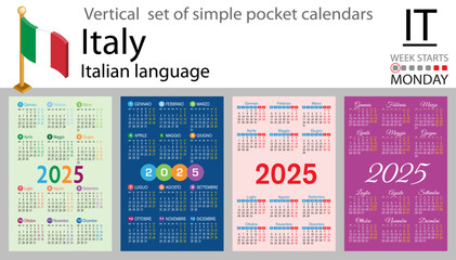 Italian vertical set of pocket calendar for 2025. Week starts Monday