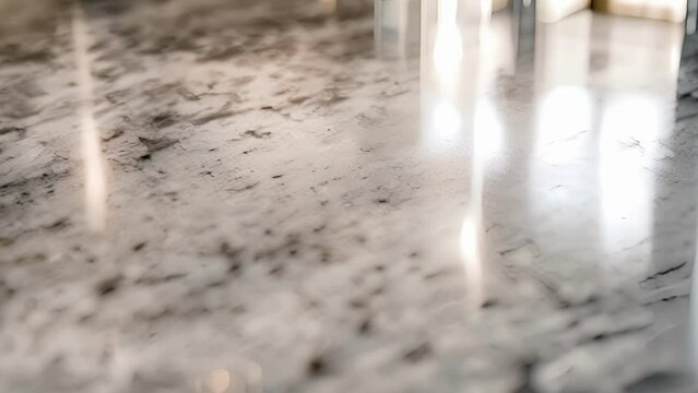 A smooth and reflective surface of a light grey granite countertop highlighting the subtle variations in color and texture.