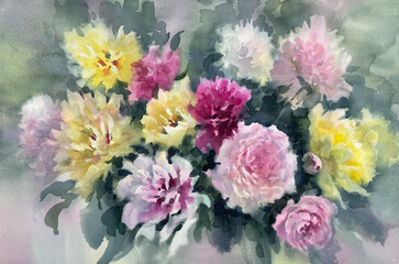 A bouquet of color peonies watercolor background