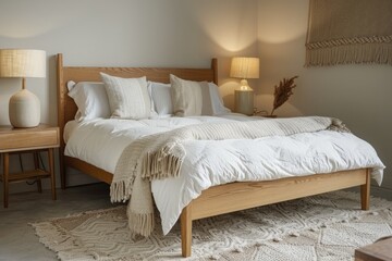 A Scandinavian bedroom with light wood furniture, including a bed with white bedding and a plush throw blanket. The room features a bedside table with a lamp and a woven rug on the floor