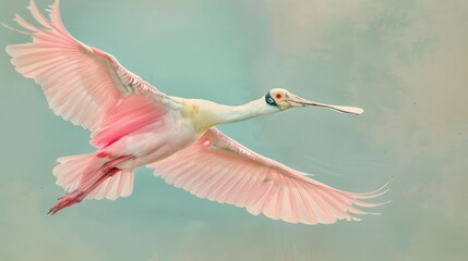 Spoonbill with a pink plumage flying above