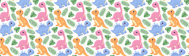 Childrens dinosaurs pattern. Cute animals background in childish style