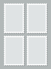 Postal stickers. Sale coupons template set with perforated borders. Paper postmarks for mail letter. Empty post stamp collection. Postage stamps. Vector illustration.