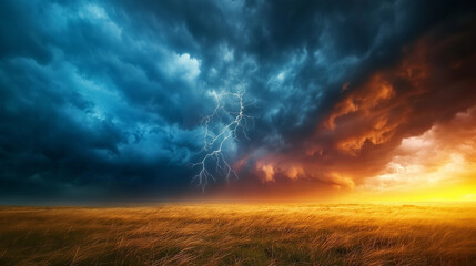 A dramatic and intense thunderstorm. Dark, ominous clouds dominate the sky, with vibrant streaks of lightning cutting through them. The storm appears to be approaching, casting a foreboding atmosphere