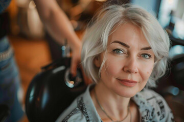 Hairdresser salon room interior, hair specialist making hairdo hairstyle to client, Generative AI